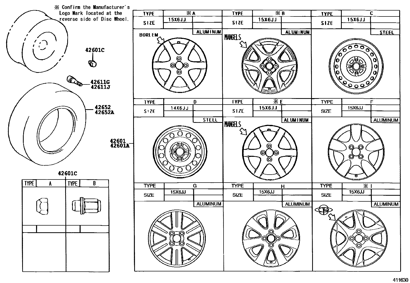Toyota COROLLA 车轮和车轮盖 EPC diagram — 411630H