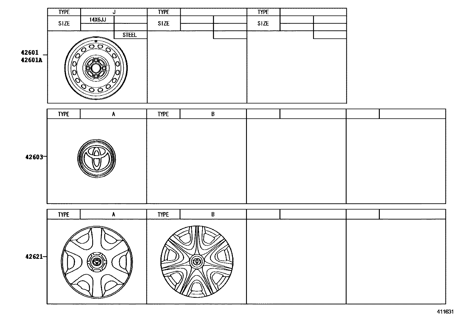 Toyota COROLLA 车轮和车轮盖 EPC diagram — 411631C