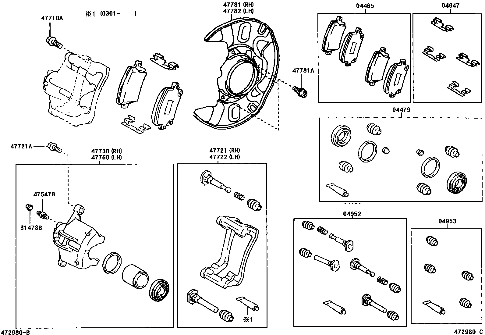 Toyota COROLLA 前盘式制动器卡钳和防尘罩 EPC diagram — 472980C