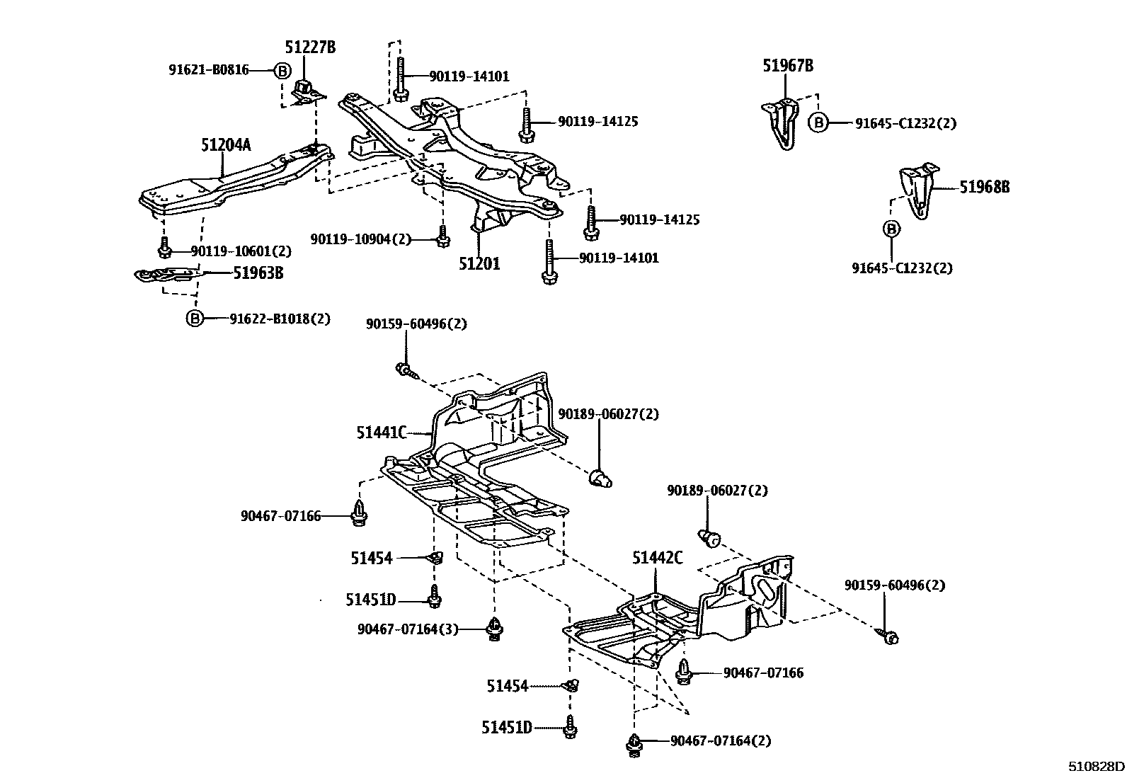 Toyota COROLLA 悬架横梁和发动机底罩 EPC diagram — 510828D