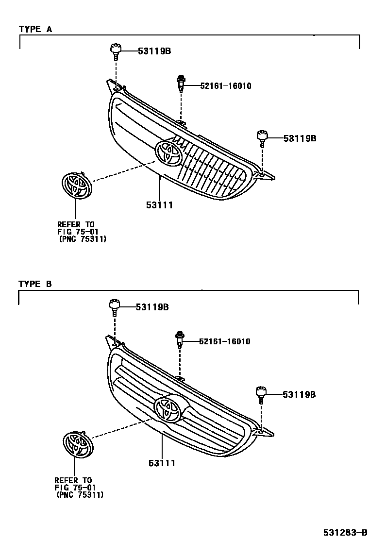 Toyota COROLLA radiator grille EPC diagram — 531283B