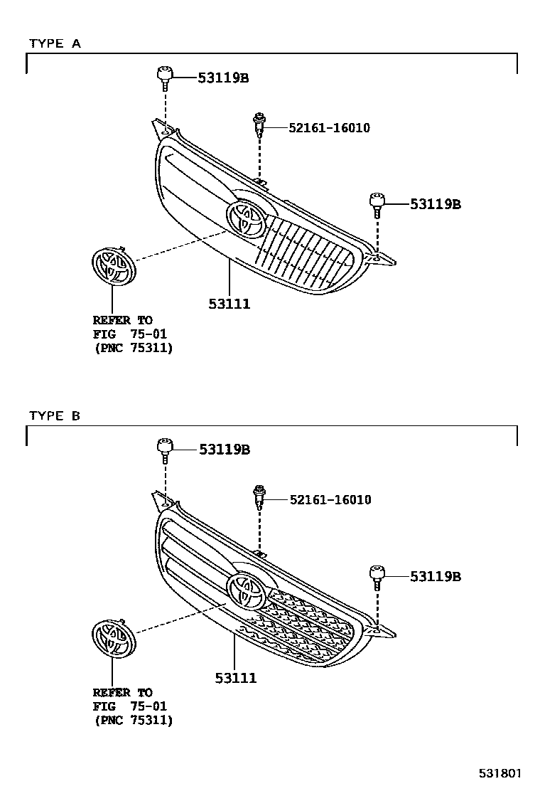 Toyota COROLLA radiator grille EPC diagram — 531801