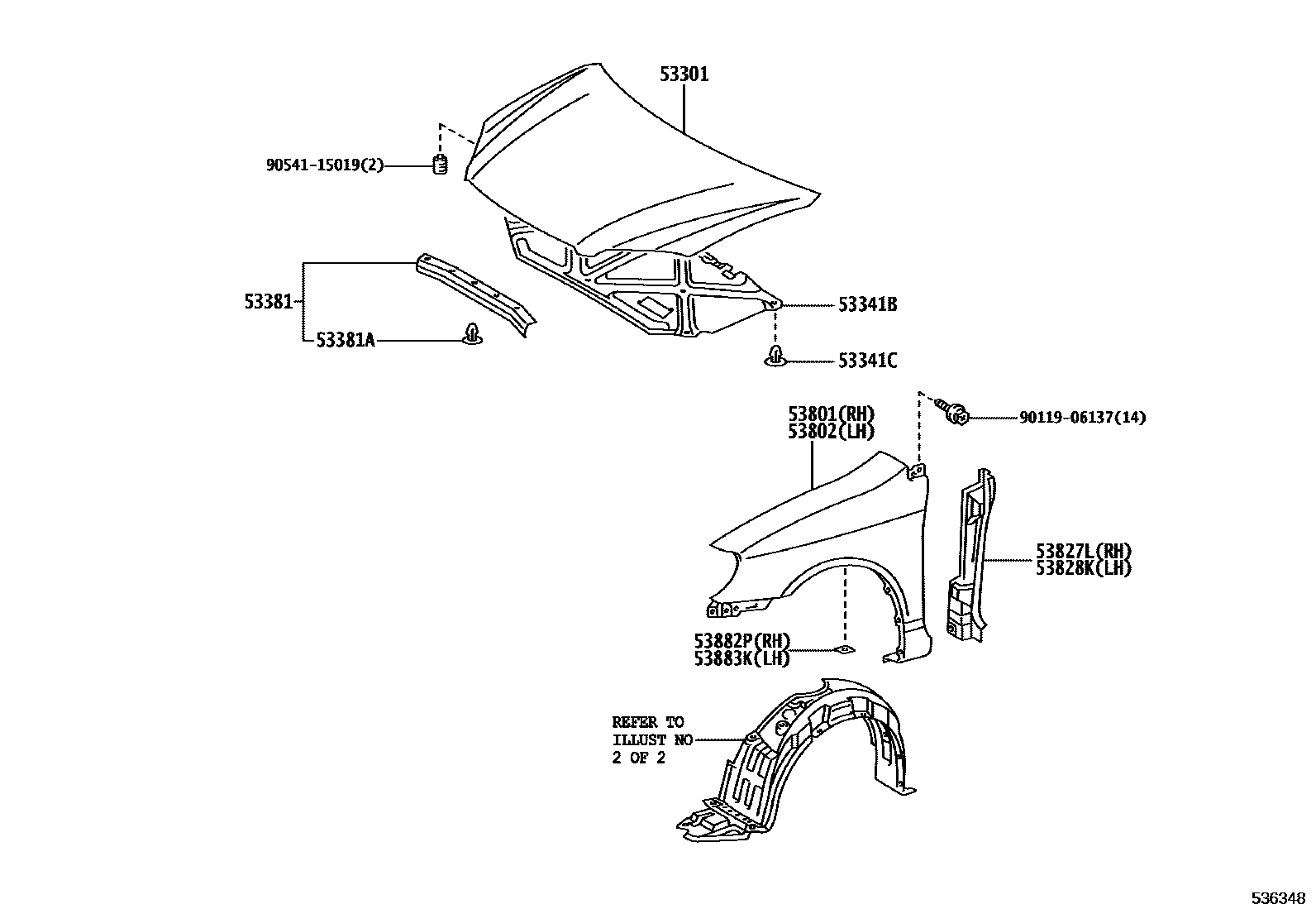 Toyota COROLLA 发动机盖和前翼子板 EPC diagram — 536348