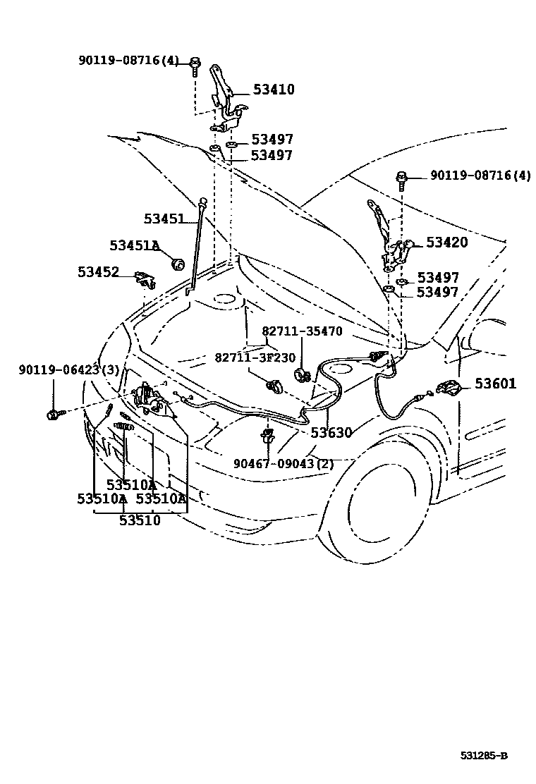 Toyota COROLLA 发动机盖锁和铰链 EPC diagram — 531285B