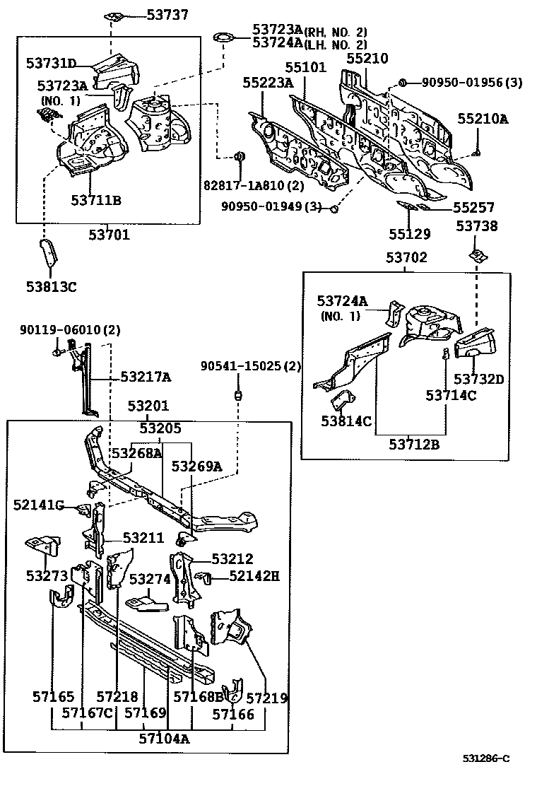 Toyota COROLLA 前翼子板挡泥板和前围板 EPC diagram — 531286C