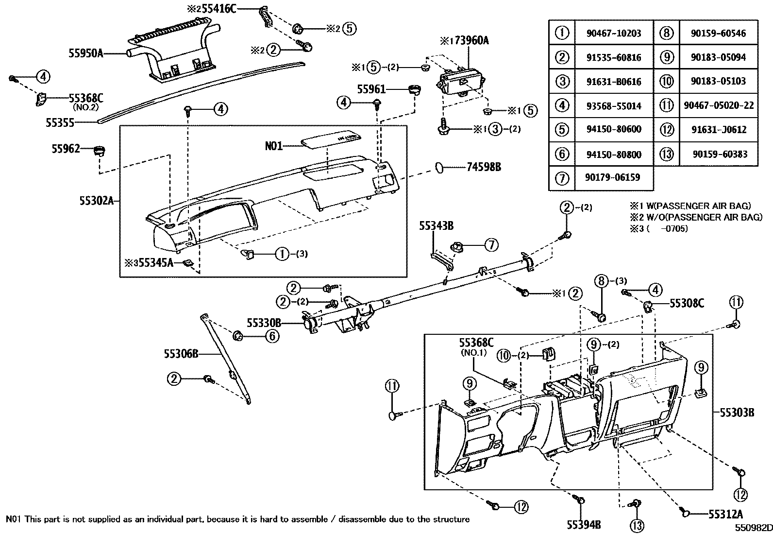 Toyota COROLLA 仪表板和手套箱 EPC diagram — 550982D