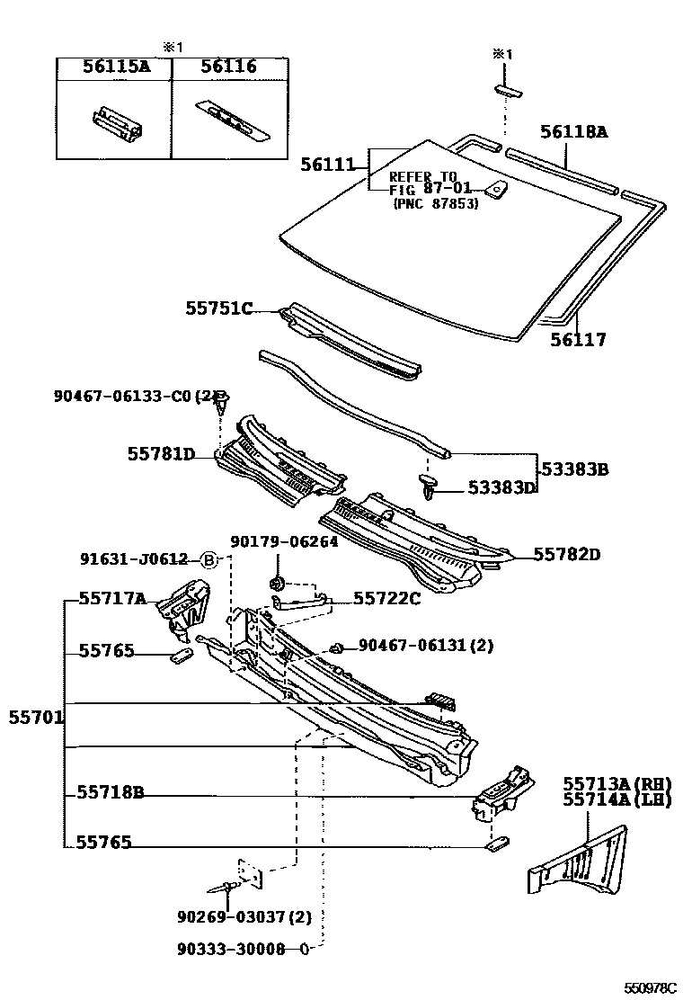 Toyota COROLLA 前围板和挡风玻璃 EPC diagram — 550978C