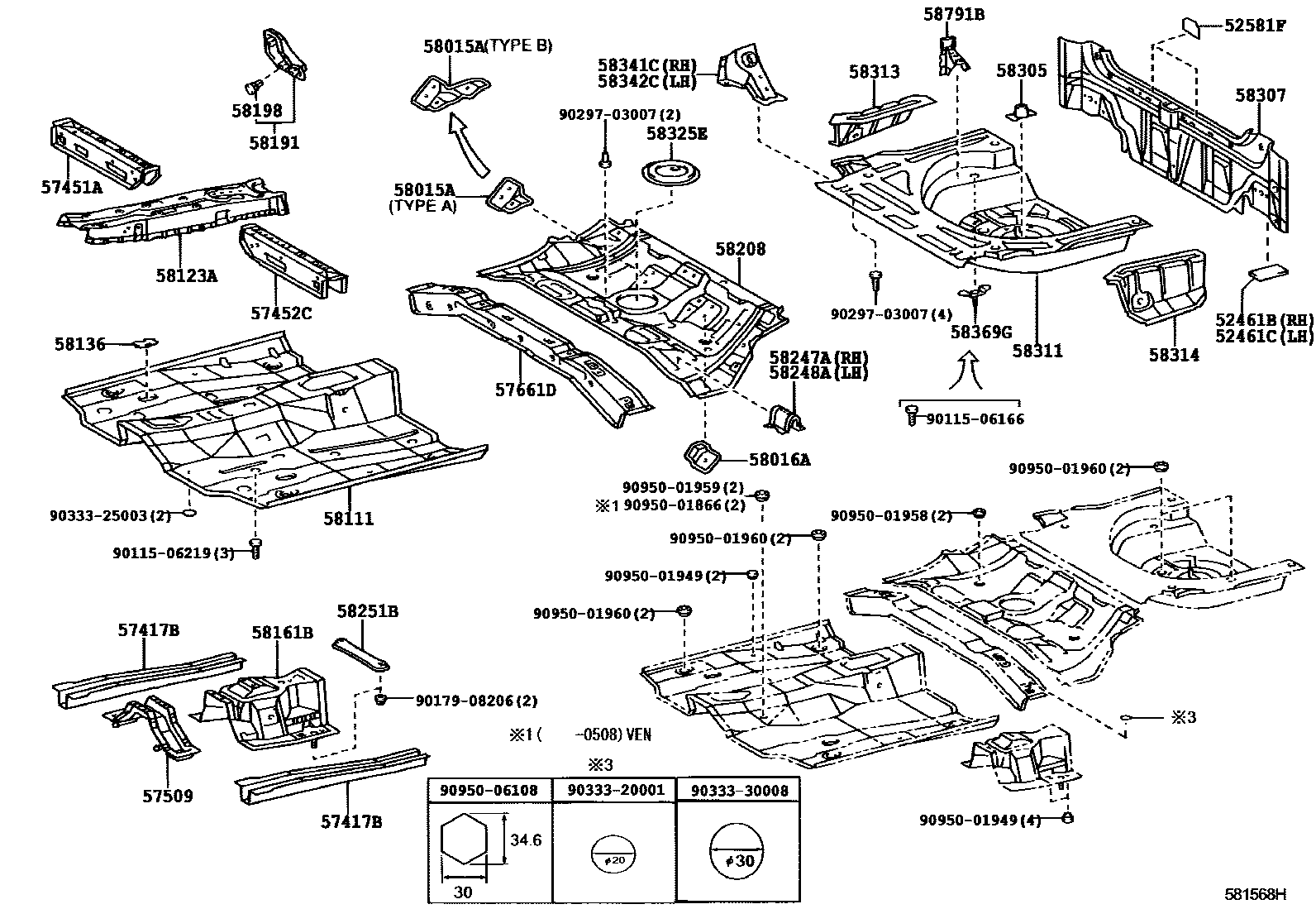 Toyota COROLLA 浅盘形地板和车身下背板 EPC diagram — 581568H