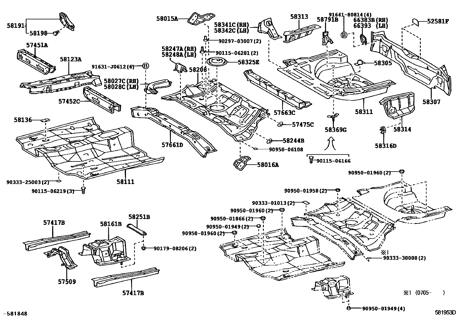 Toyota COROLLA 浅盘形地板和车身下背板 EPC diagram — 581953D
