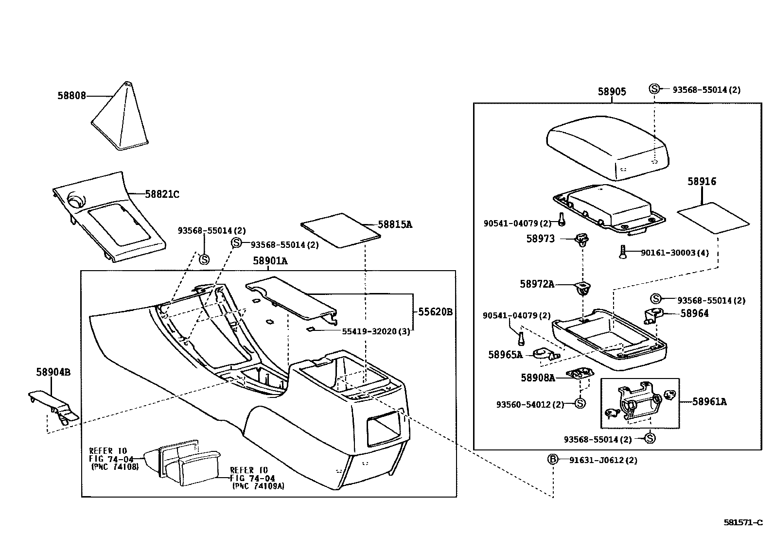 Toyota COROLLA 中央扶手箱和支架 EPC diagram — 581571C