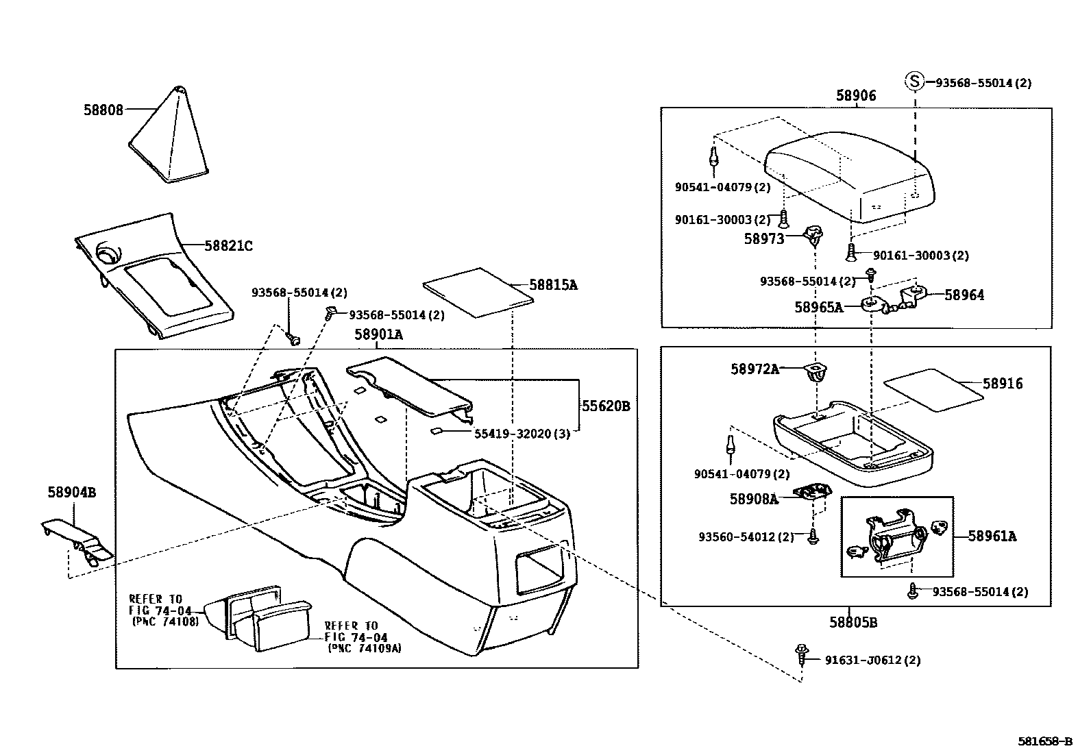 Toyota COROLLA 中央扶手箱和支架 EPC diagram — 581658B