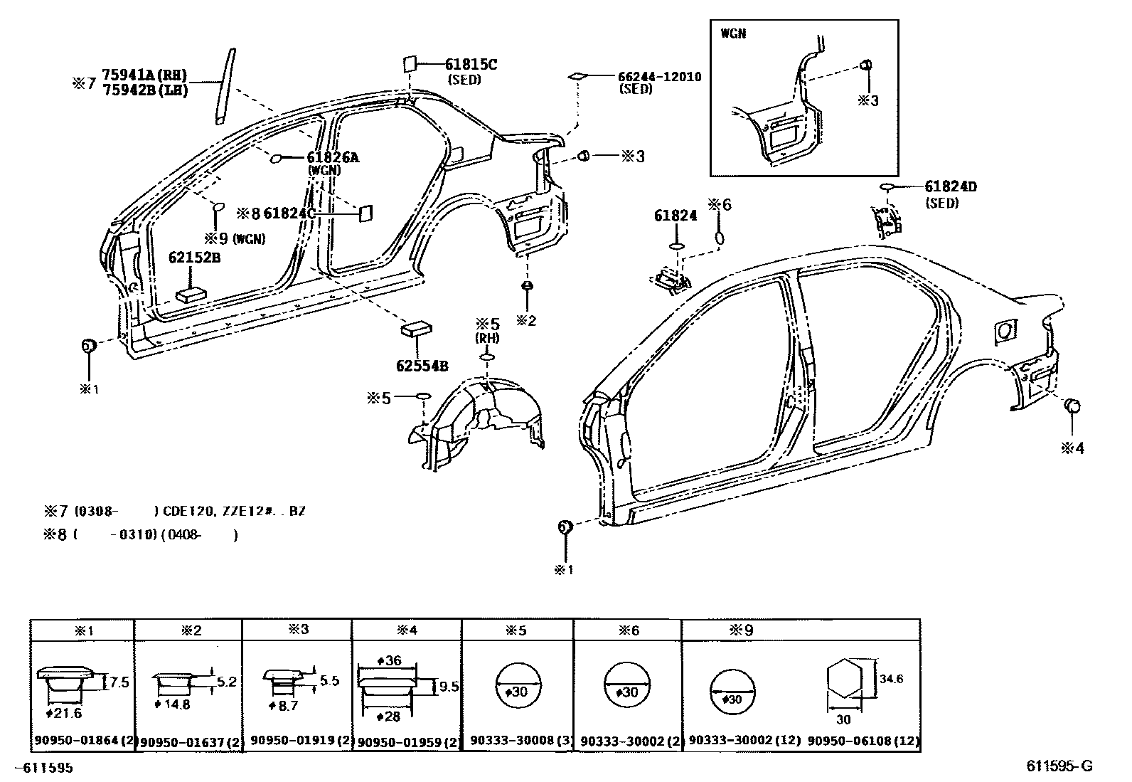 Toyota COROLLA 侧梁 EPC diagram — 611595G