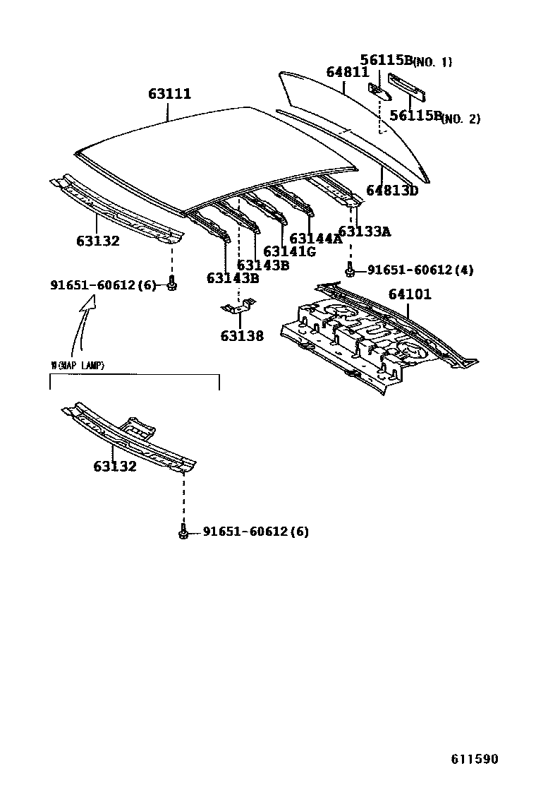 Toyota COROLLA 天窗板和背窗玻璃 EPC diagram — 611590A