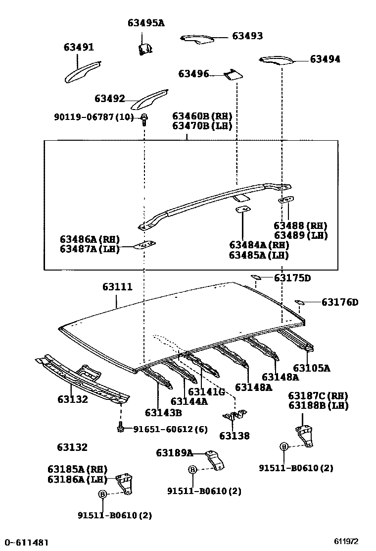 Toyota COROLLA 天窗板和背窗玻璃 EPC diagram — 611972B
