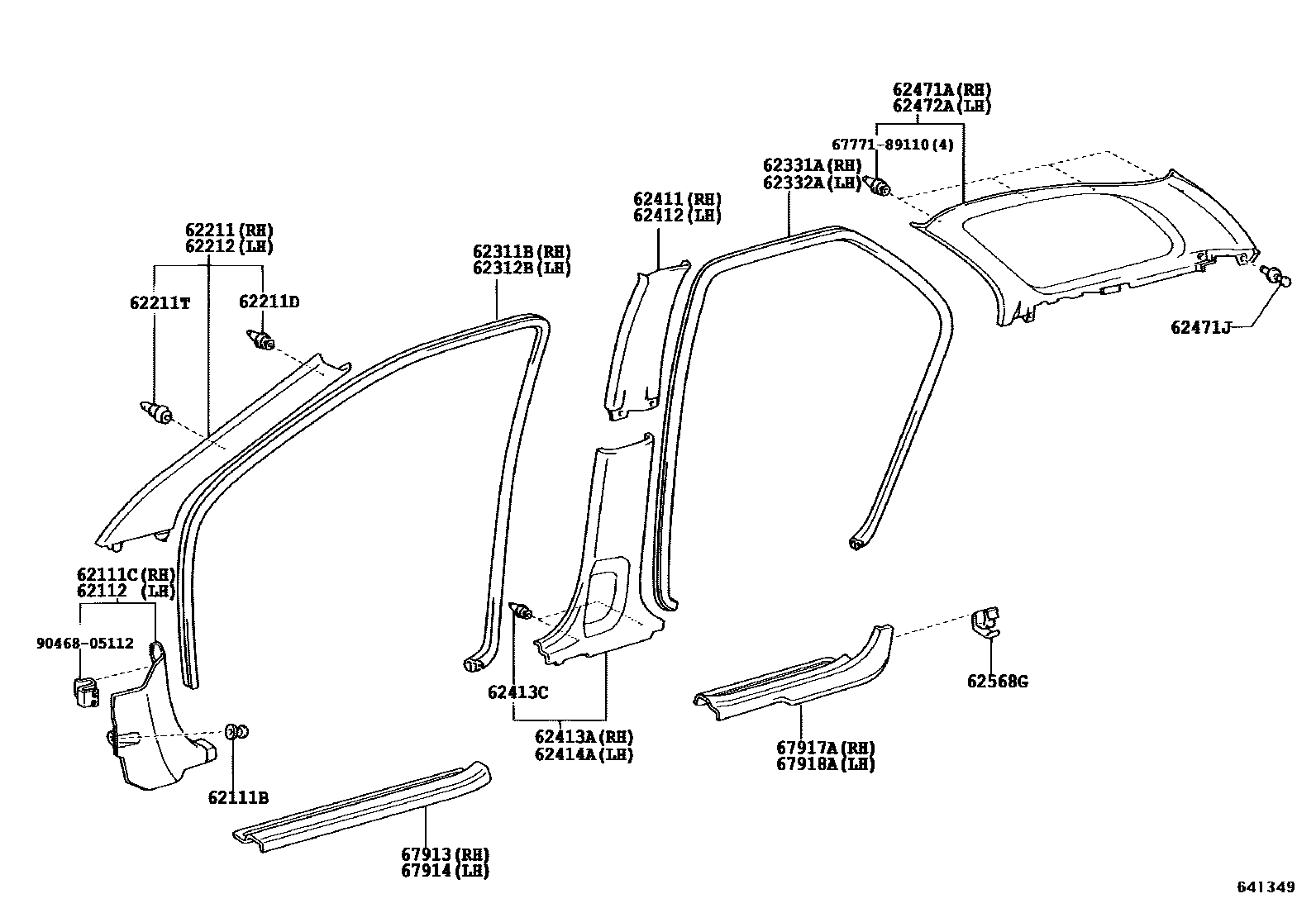 Toyota COROLLA 内饰板和车门防水胶条 EPC diagram — 641349A