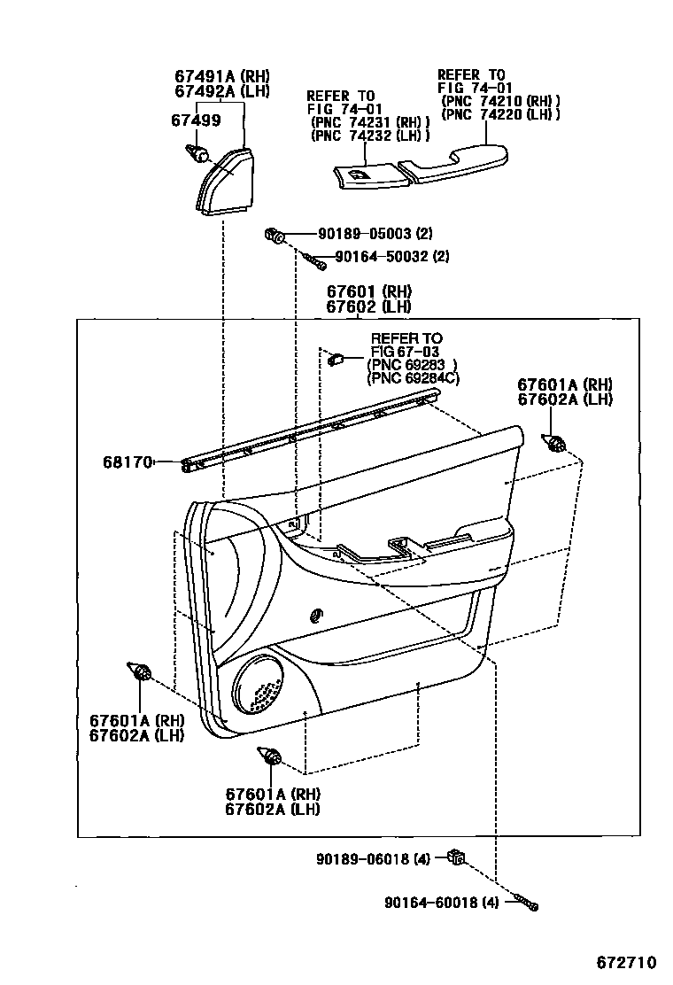 Toyota COROLLA 前门板和前门玻璃 EPC diagram — 672710