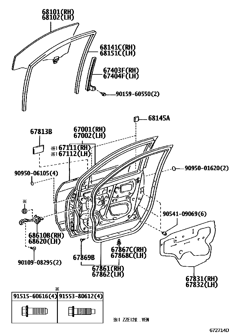 Toyota COROLLA 前门板和前门玻璃 EPC diagram — 672714D