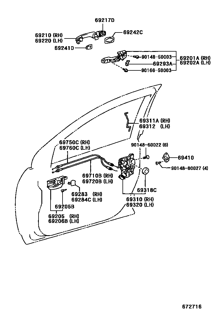 Toyota COROLLA 前门锁和车门把手 EPC diagram — 672716