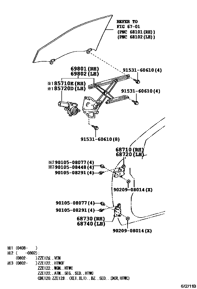 Toyota COROLLA 前门车窗升降器和合页 EPC diagram — 672711B