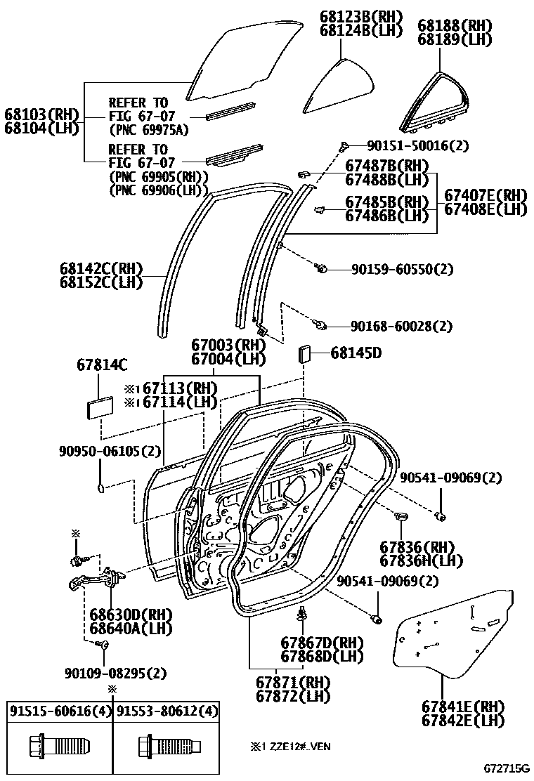 Toyota COROLLA 后门板和后门玻璃 EPC diagram — 672715G
