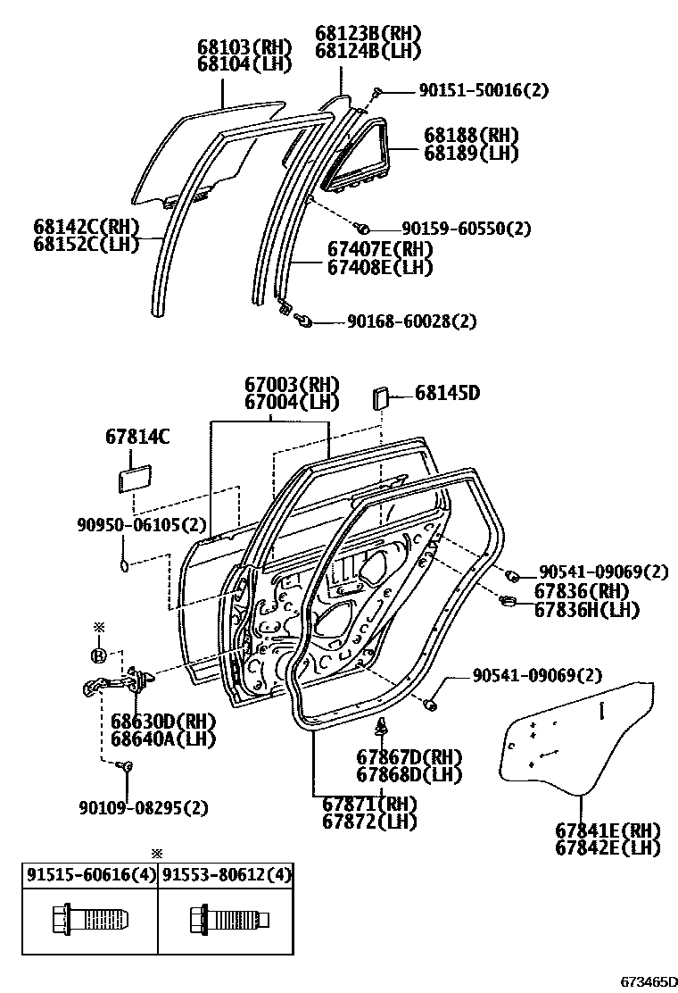 Toyota COROLLA 后门板和后门玻璃 EPC diagram — 673465D