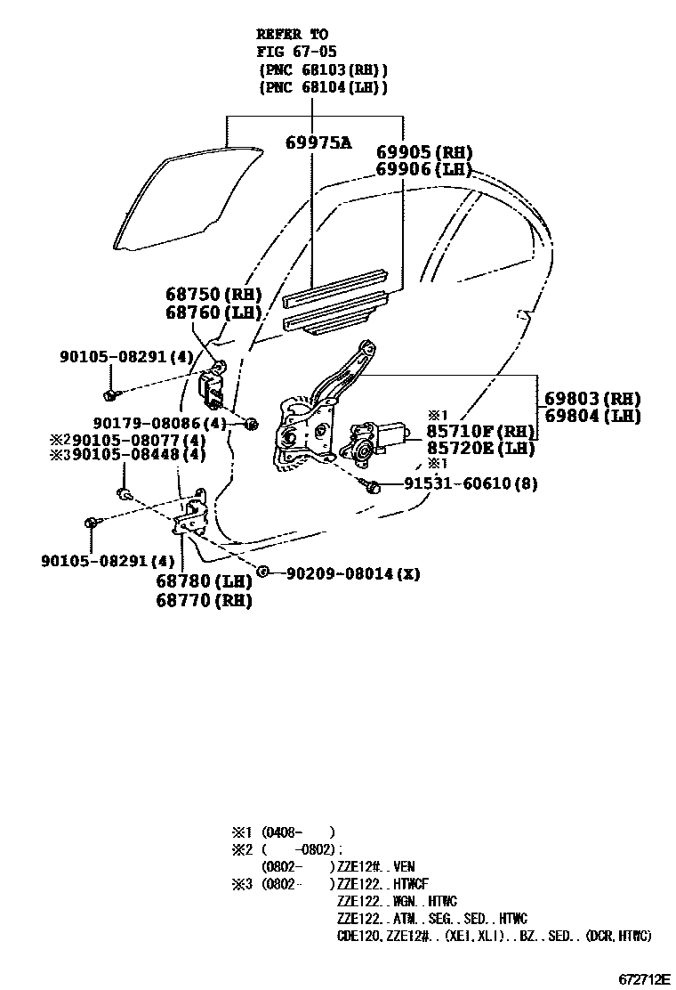 Toyota COROLLA 后门车窗升降器和合页 EPC diagram — 672712E