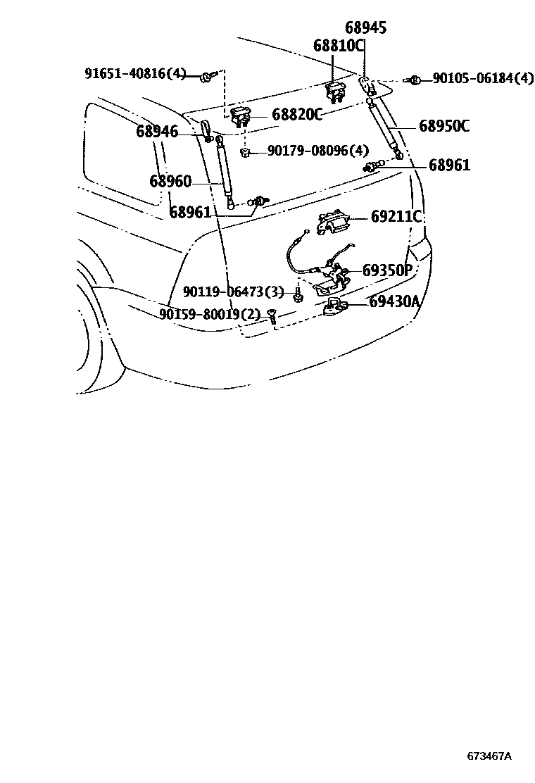 Toyota COROLLA 背门锁和背门把手 EPC diagram — 673467A