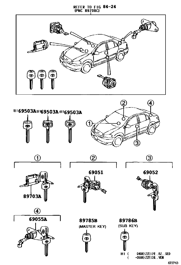 Toyota COROLLA 锁芯组件 EPC diagram — 672713C