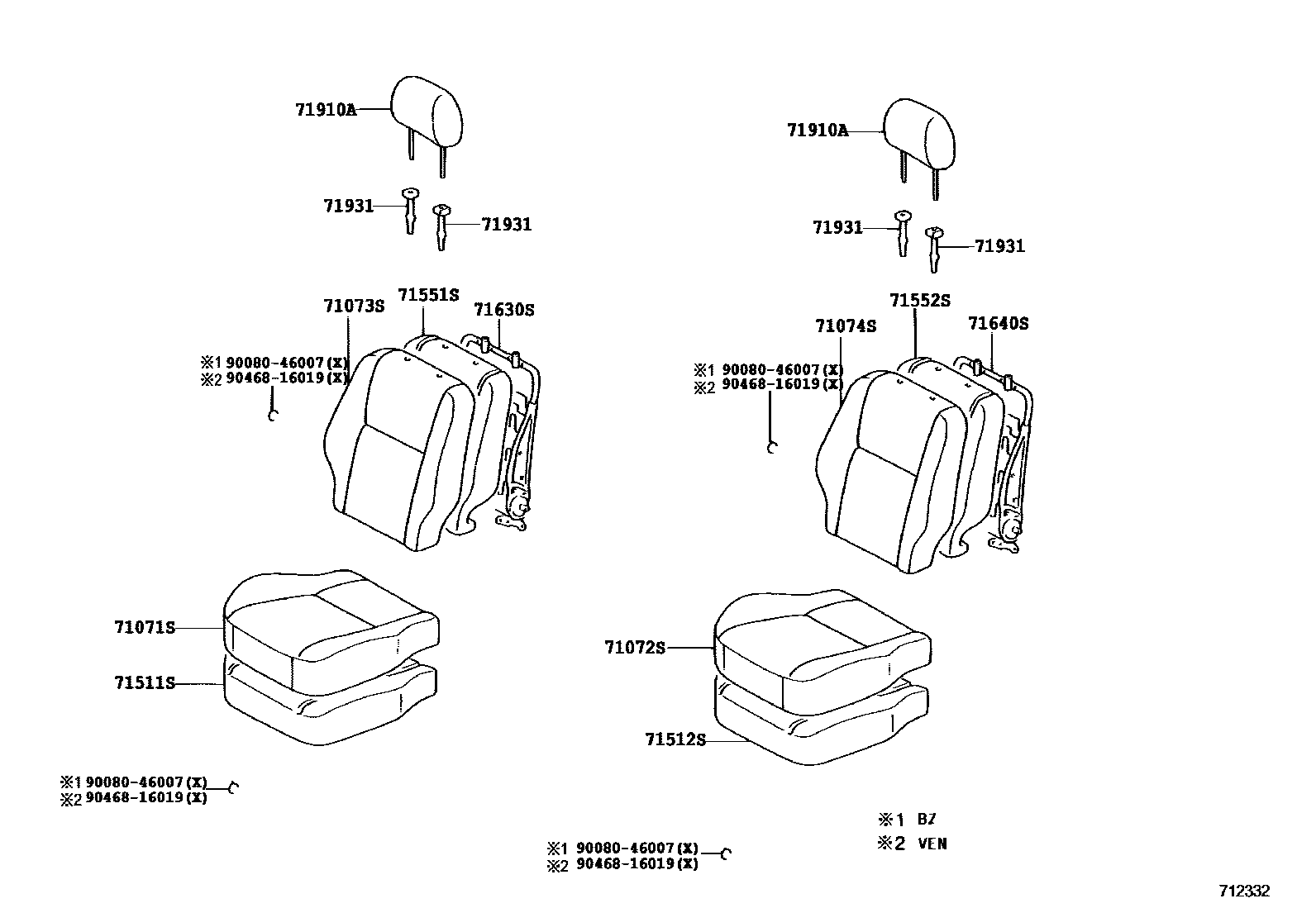 Toyota COROLLA 前排座椅和座椅滑轨 EPC diagram — 712332F