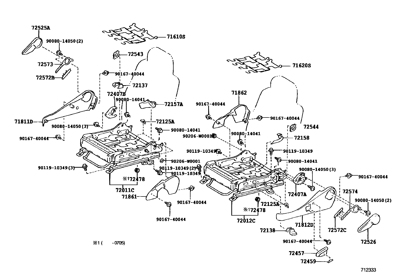 Toyota COROLLA 前排座椅和座椅滑轨 EPC diagram — 712333G