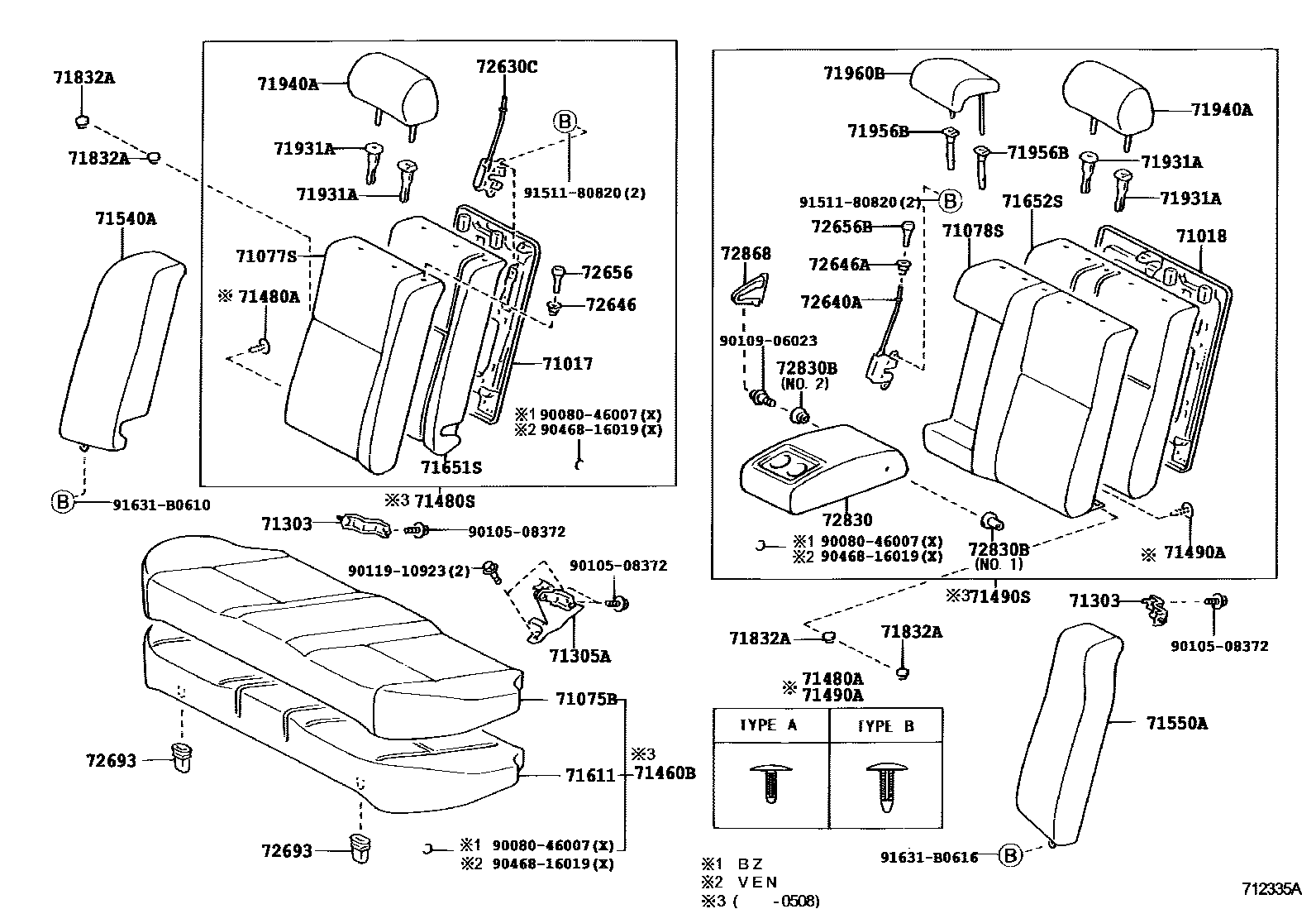 Toyota COROLLA 后排座椅和座椅滑轨 EPC diagram — 712335F