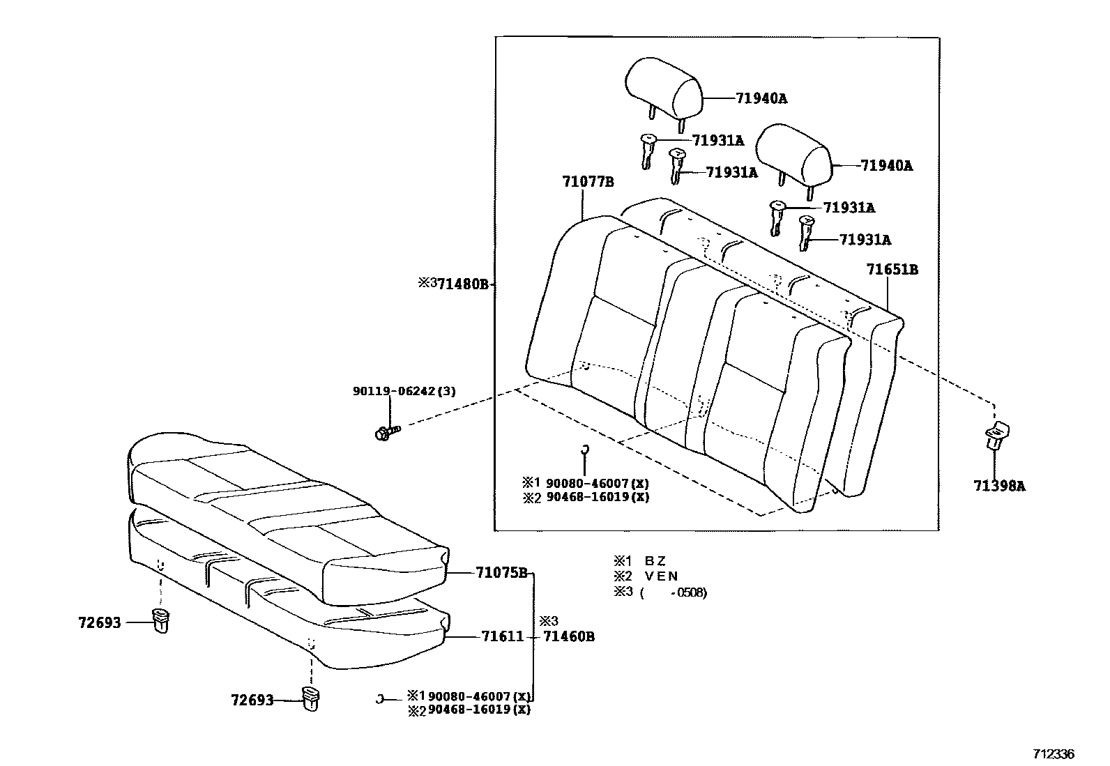 Toyota COROLLA 后排座椅和座椅滑轨 EPC diagram — 712336D