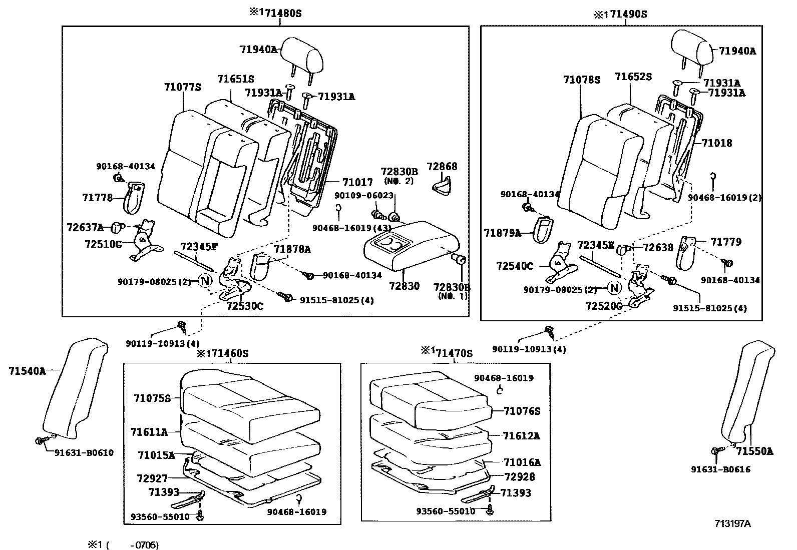 Toyota COROLLA 后排座椅和座椅滑轨 EPC diagram — 713197C
