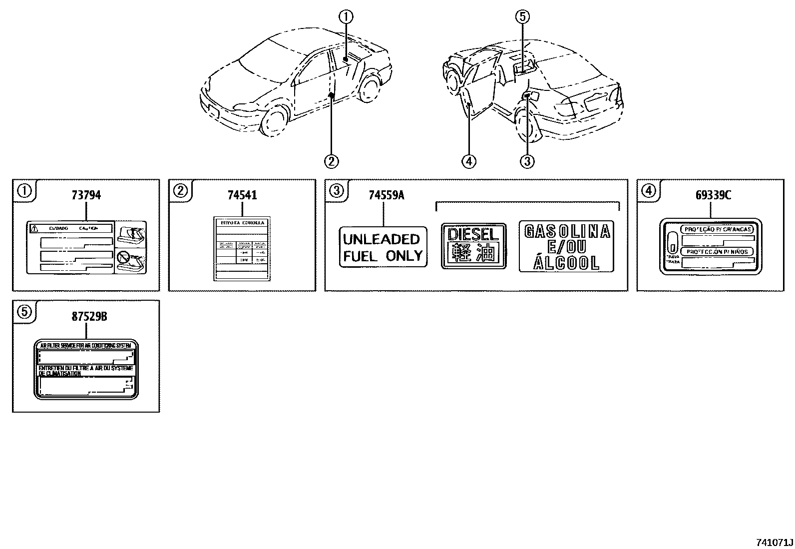 Toyota COROLLA 警示铭牌(车外和车内) EPC diagram — 741071J