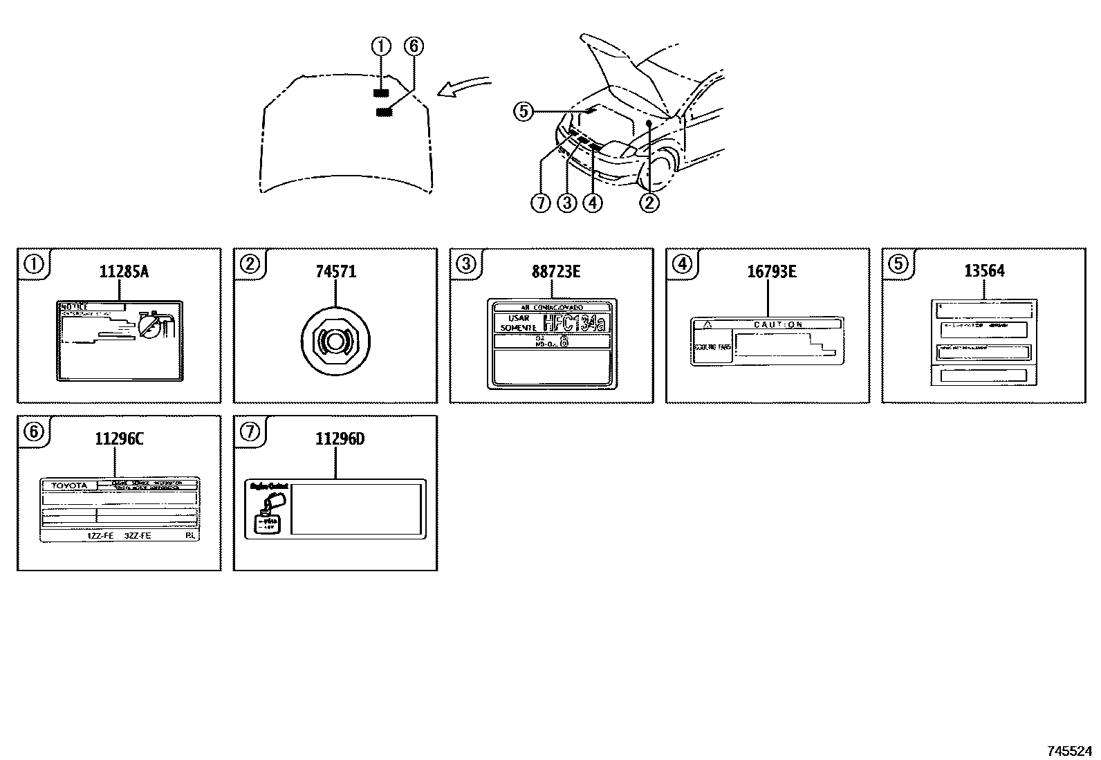 Toyota COROLLA 警示铭牌(车外和车内) EPC diagram — 745524