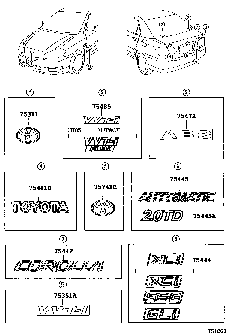 Toyota COROLLA 丰田徽标和铭牌(车外和车内) EPC diagram — 751063D