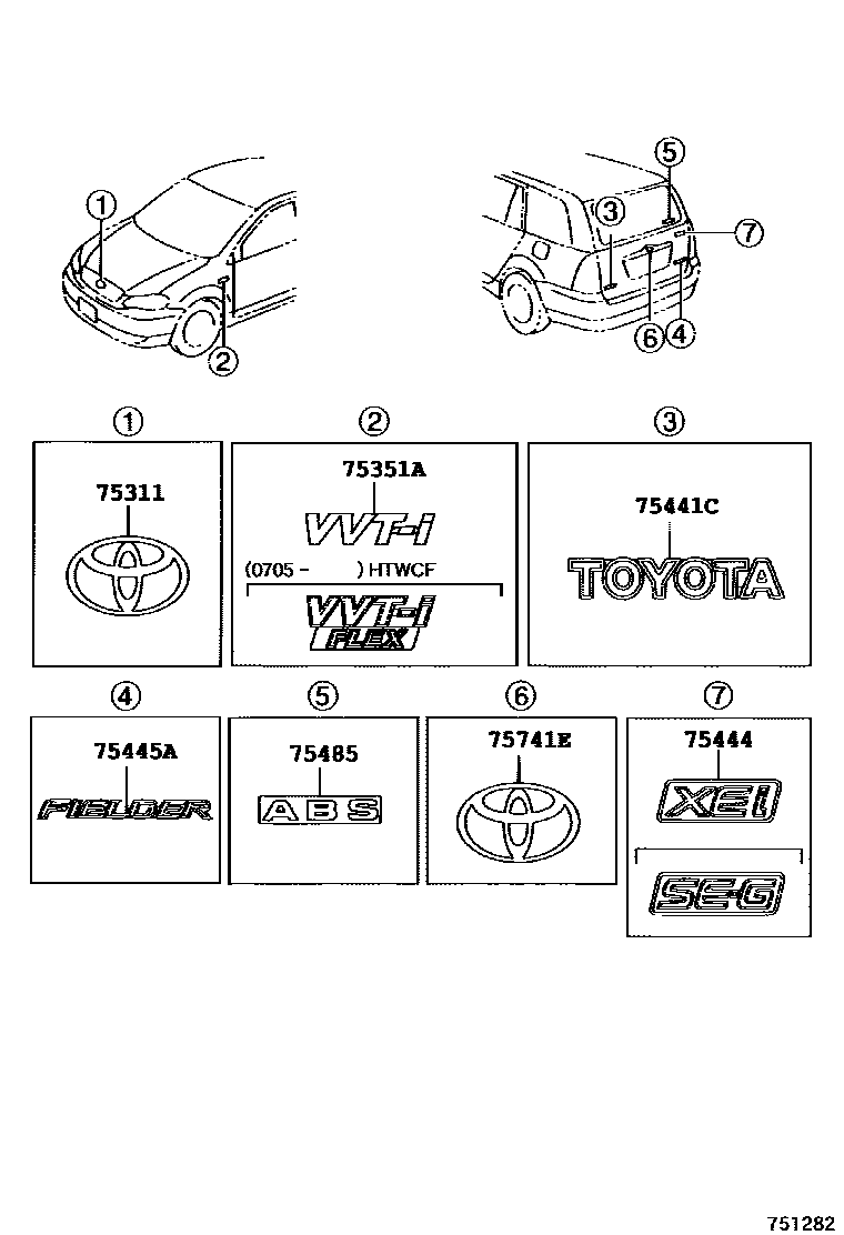 Toyota COROLLA 丰田徽标和铭牌(车外和车内) EPC diagram — 751282A
