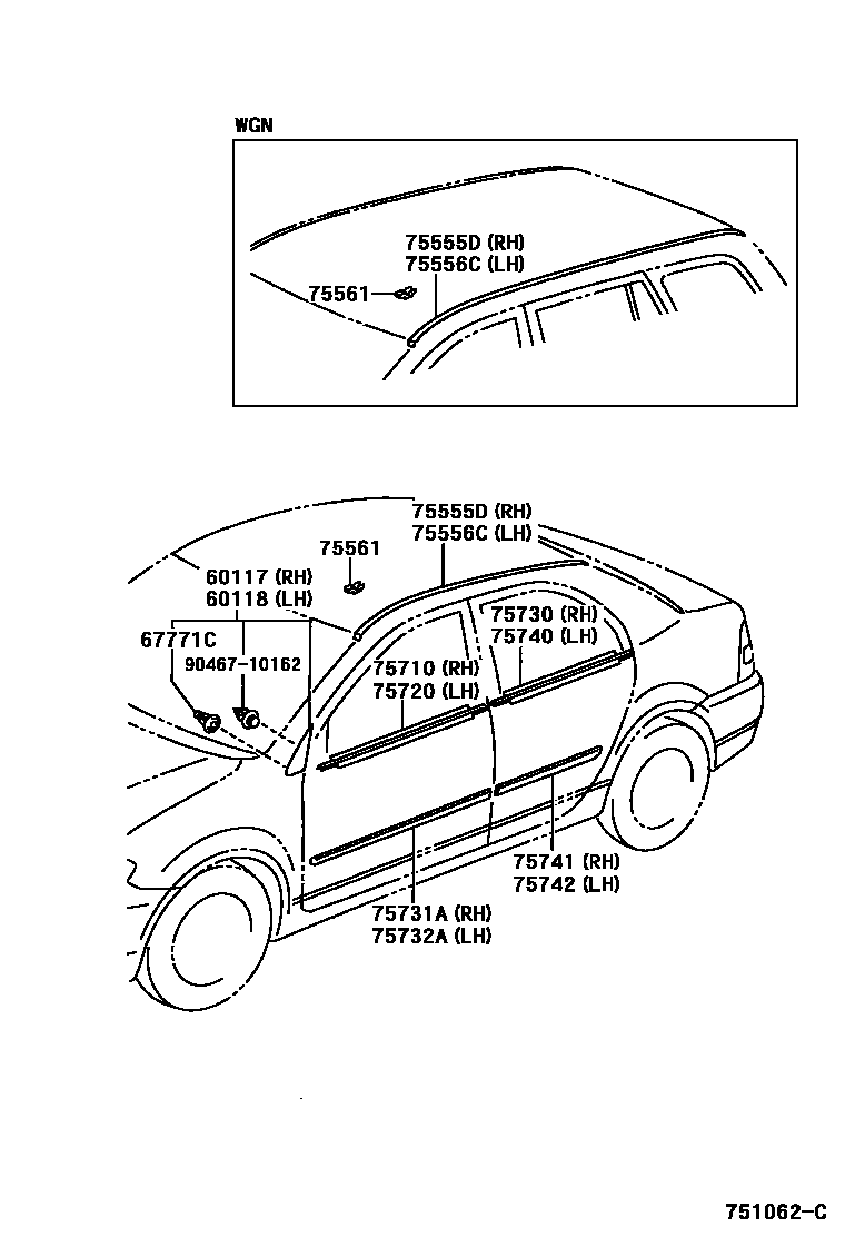 Toyota COROLLA 侧防护条 EPC diagram — 751062C