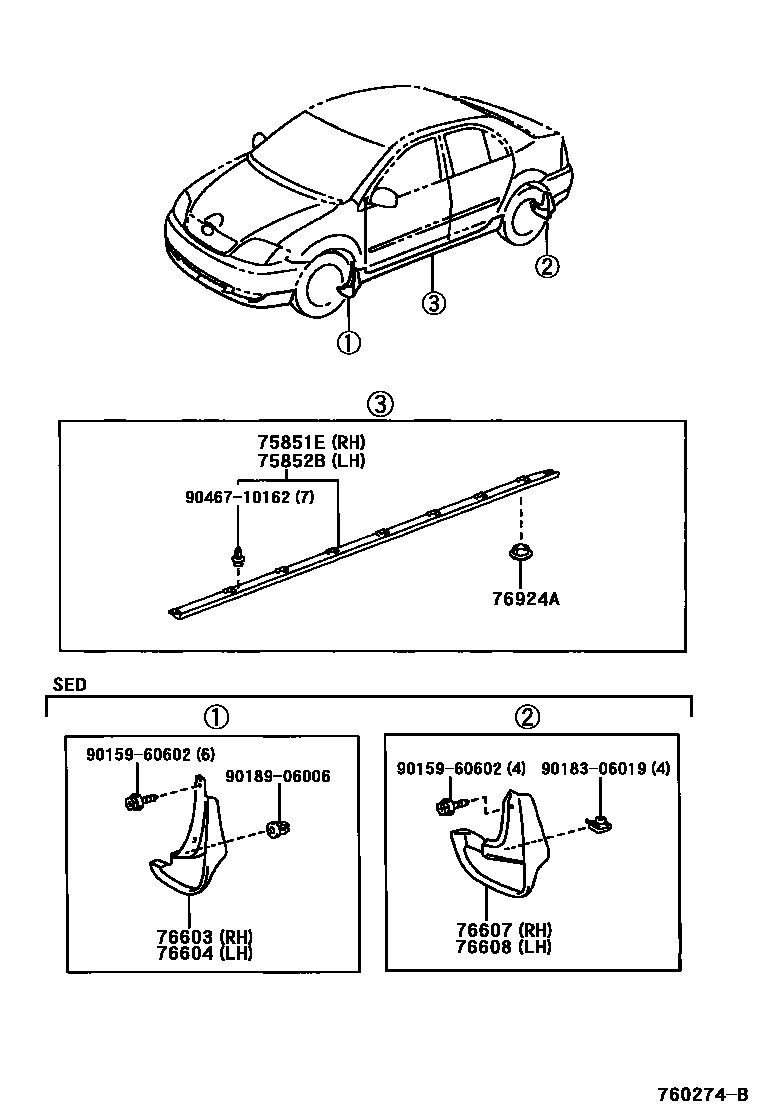 Toyota COROLLA 挡泥板和扰流板 EPC diagram — 760274B