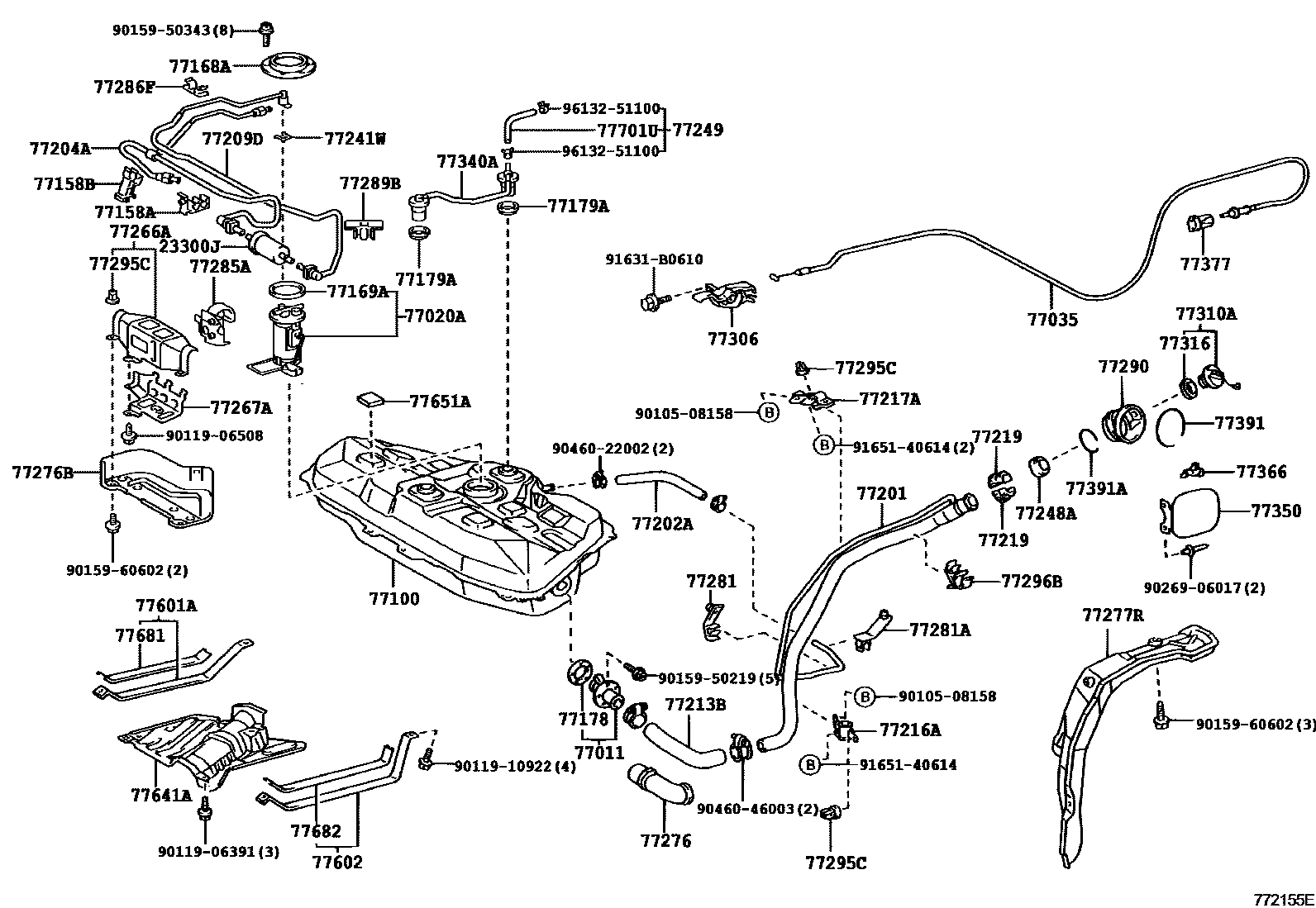 Toyota COROLLA 燃油箱和燃油管 EPC diagram — 772155E