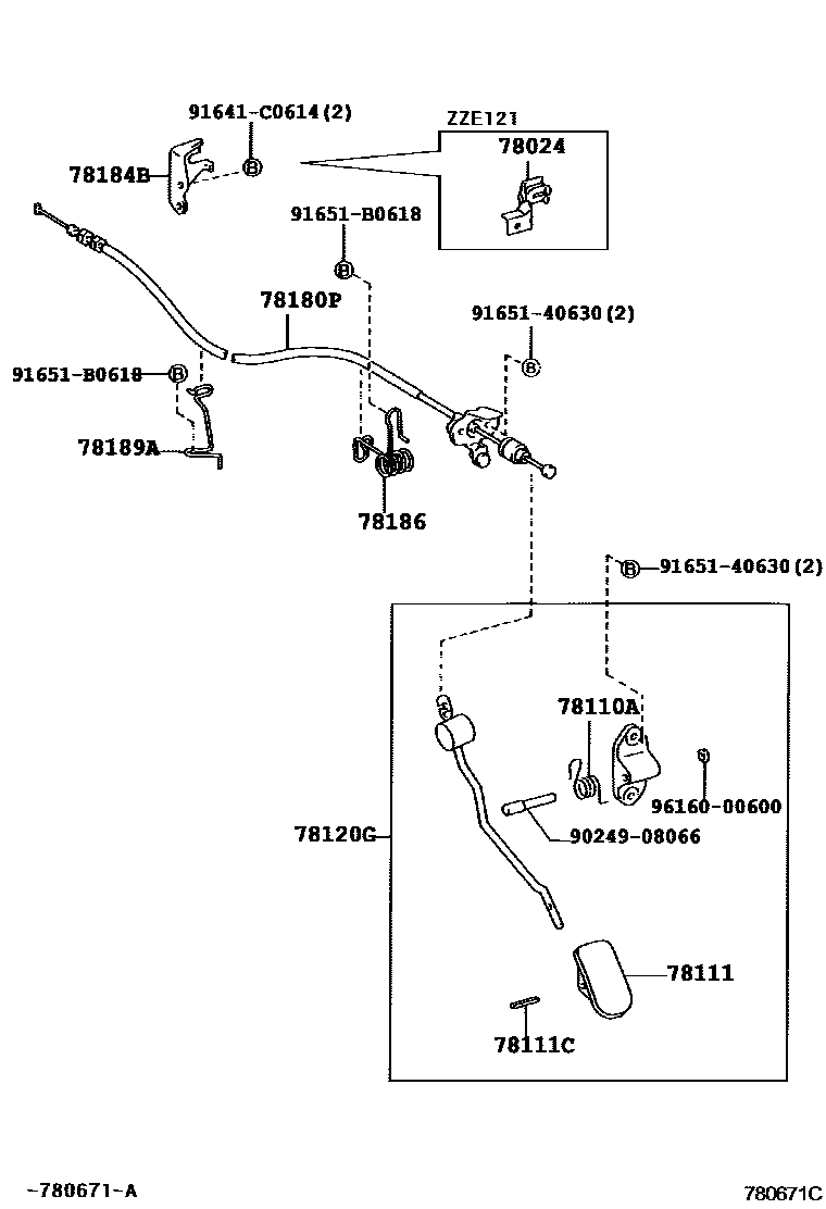 Toyota COROLLA accelerator pedal connecting rod EPC diagram — 780671C