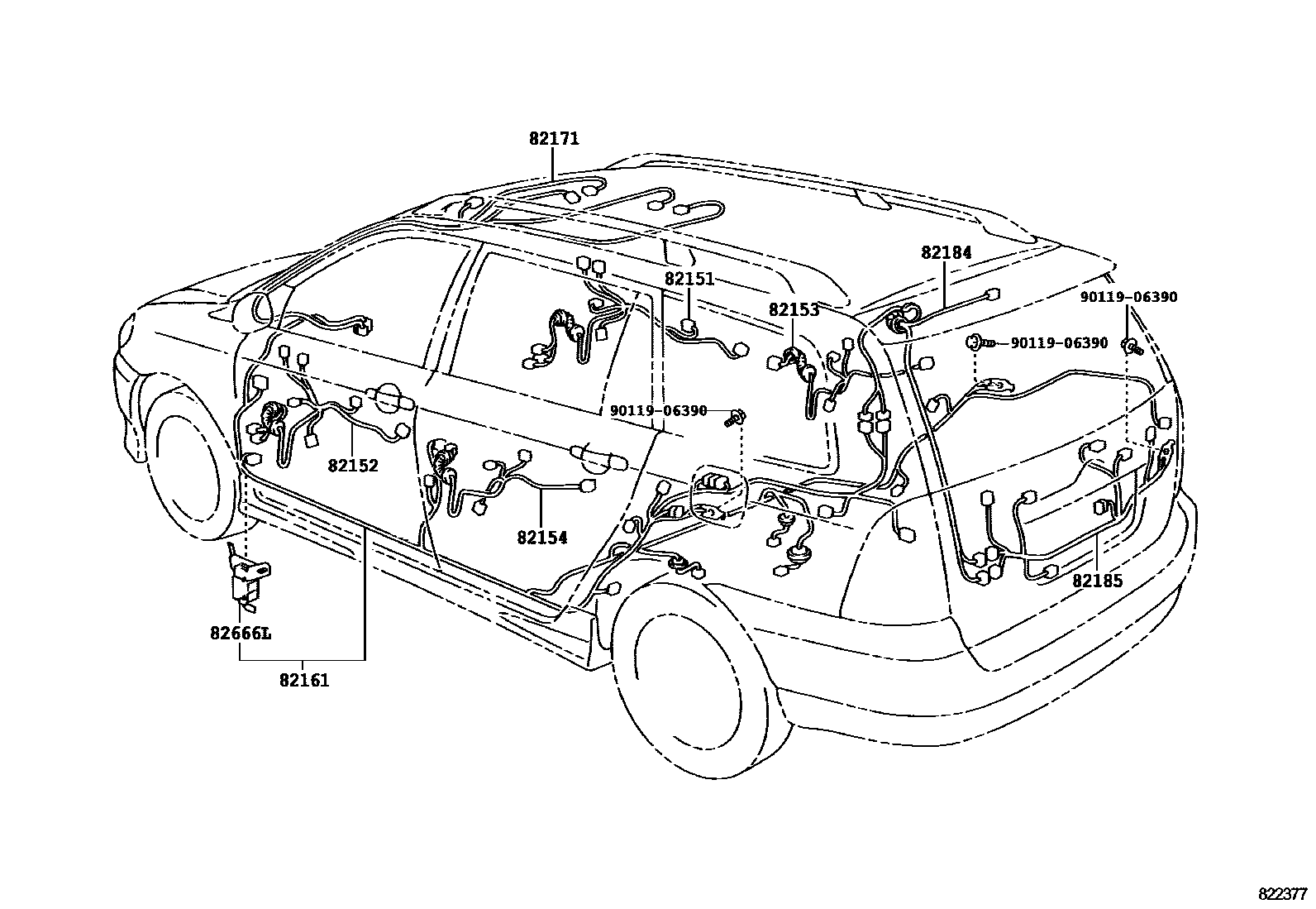 Toyota COROLLA 线束和卡夹 EPC diagram — 822377B