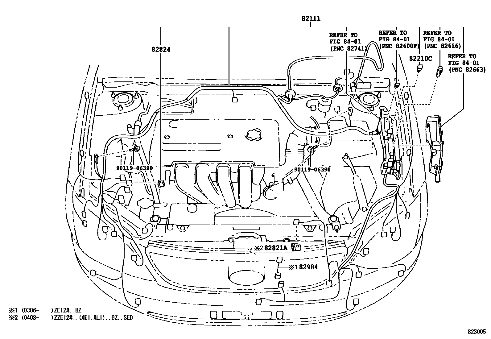 Toyota COROLLA 线束和卡夹 EPC diagram — 823005C