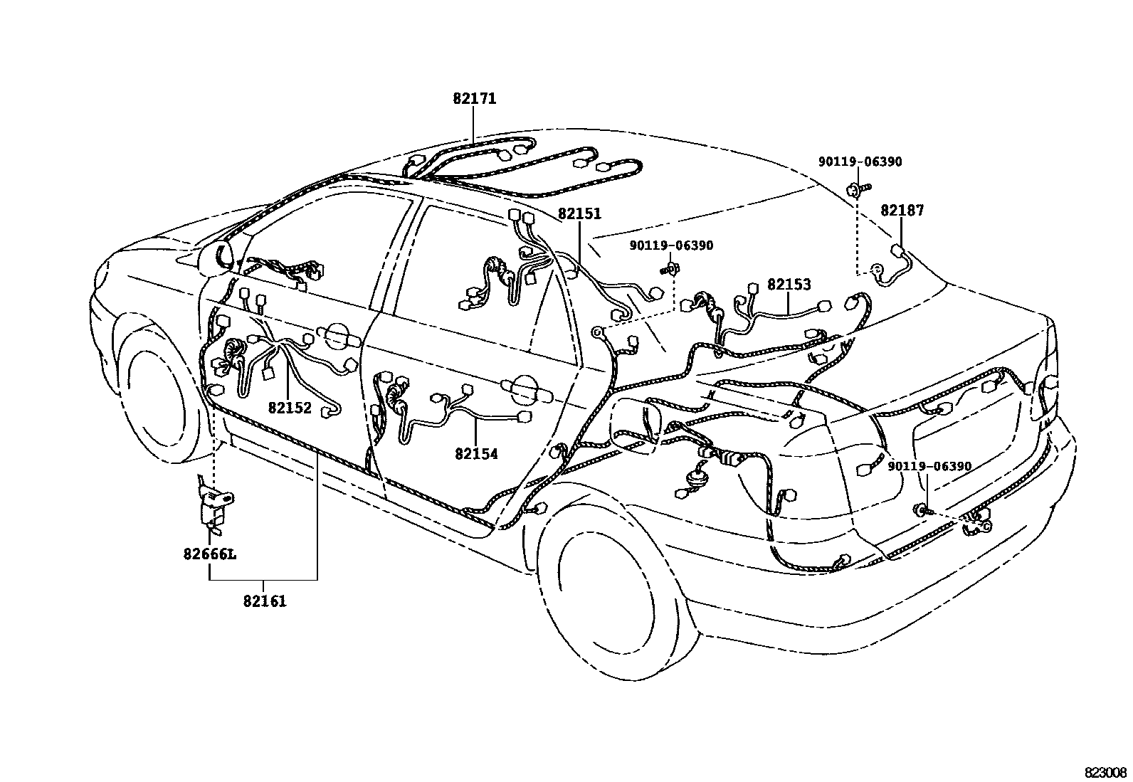 Toyota COROLLA 线束和卡夹 EPC diagram — 823008A