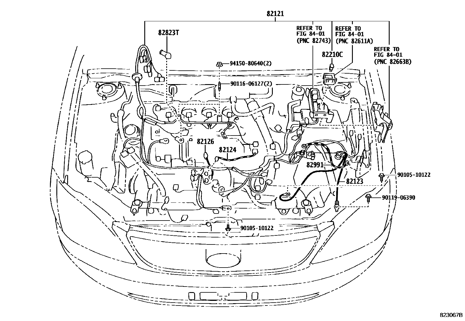Toyota COROLLA 线束和卡夹 EPC diagram — 823067B