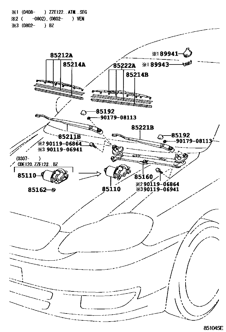 Toyota COROLLA 挡风玻璃刮水器 EPC diagram — 851045E