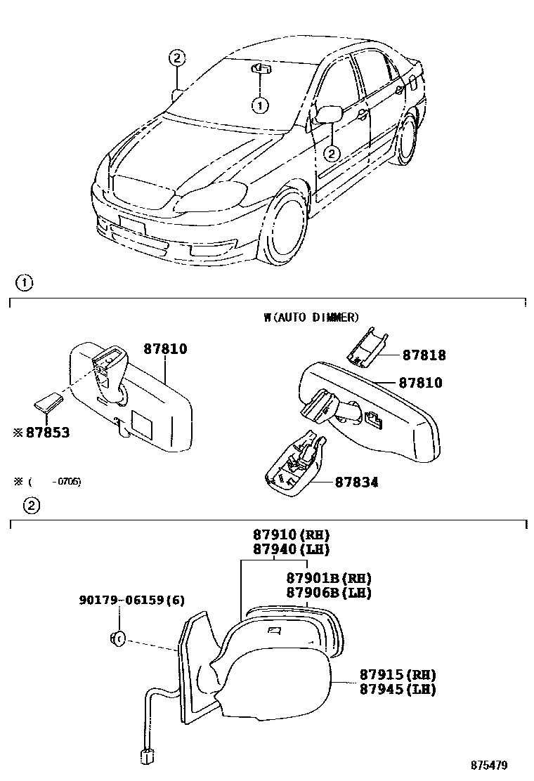Toyota COROLLA 后视镜 EPC diagram — 875479E