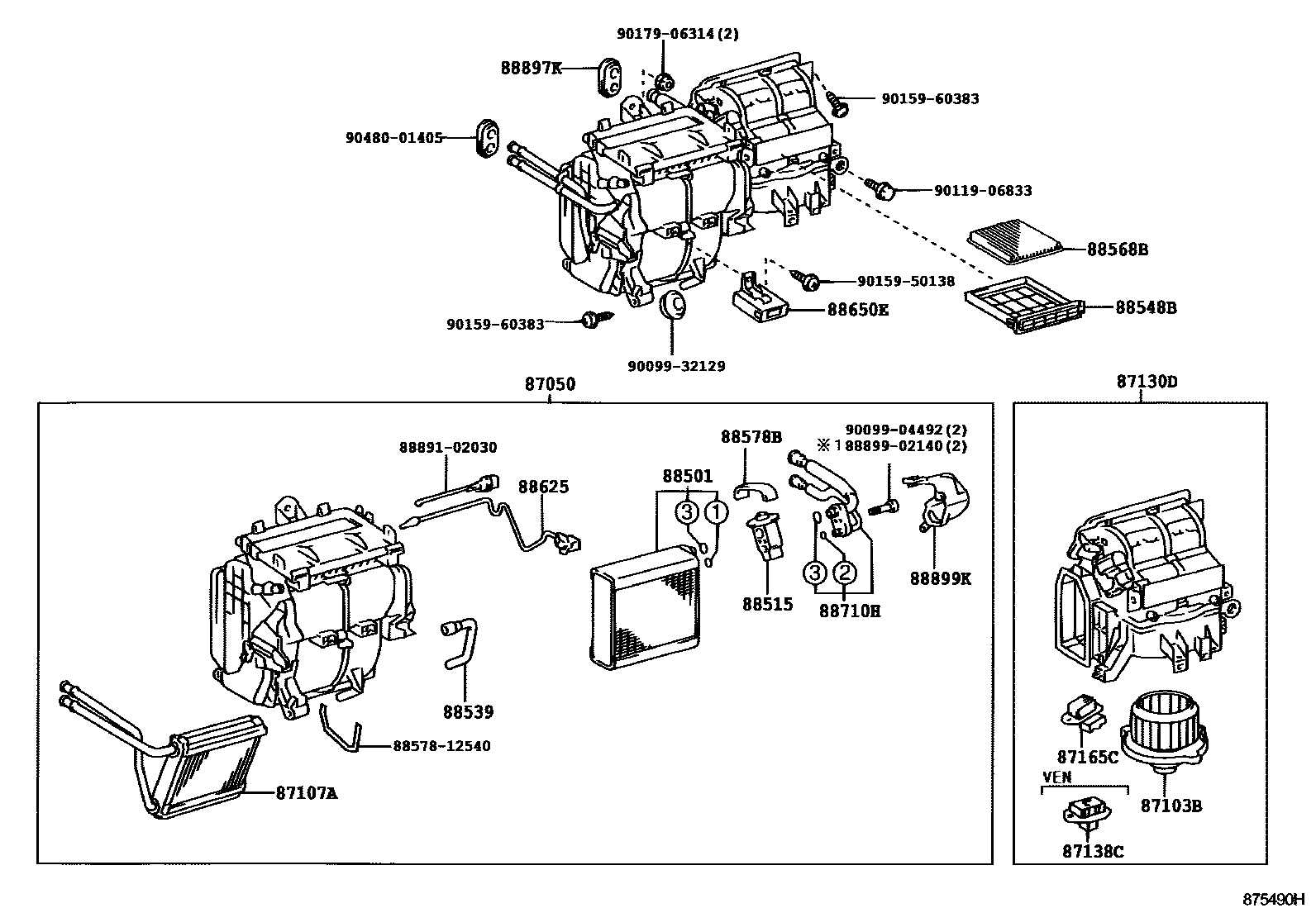 Toyota COROLLA 暖风和空调系统 - 冷却器组件 EPC diagram — 875490H