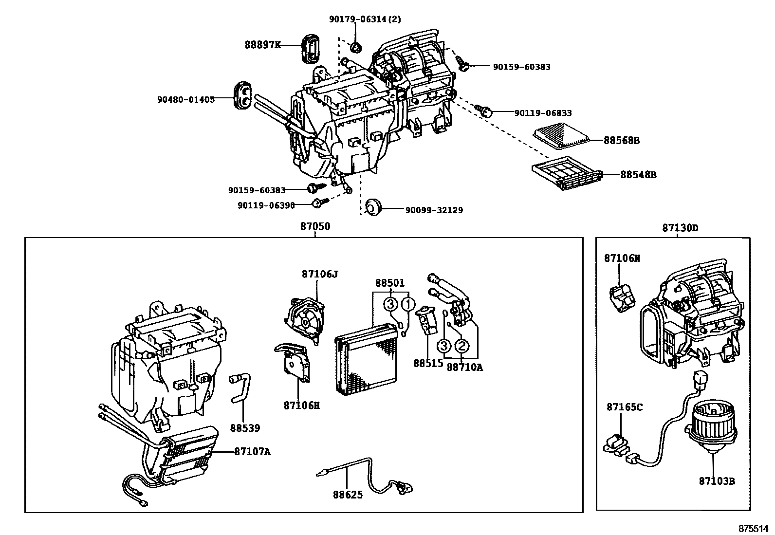 Toyota COROLLA 暖风和空调系统 - 冷却器组件 EPC diagram — 875514D