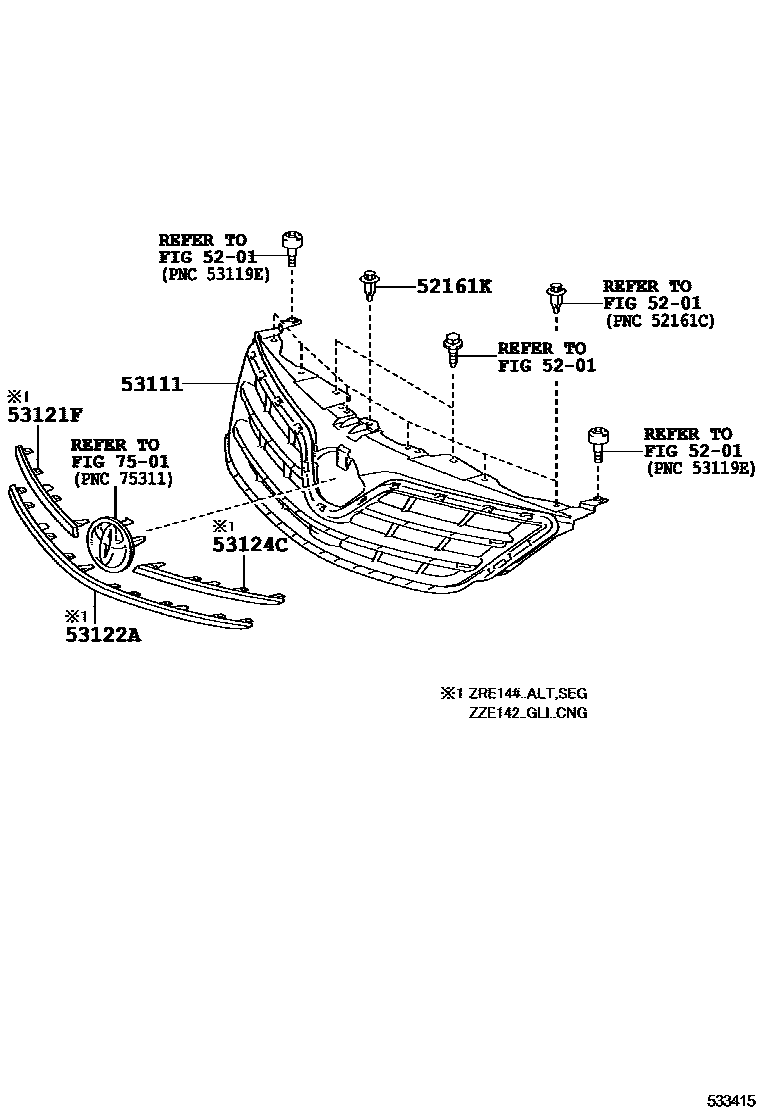 Toyota COROLLA radiator grille EPC diagram — 533415